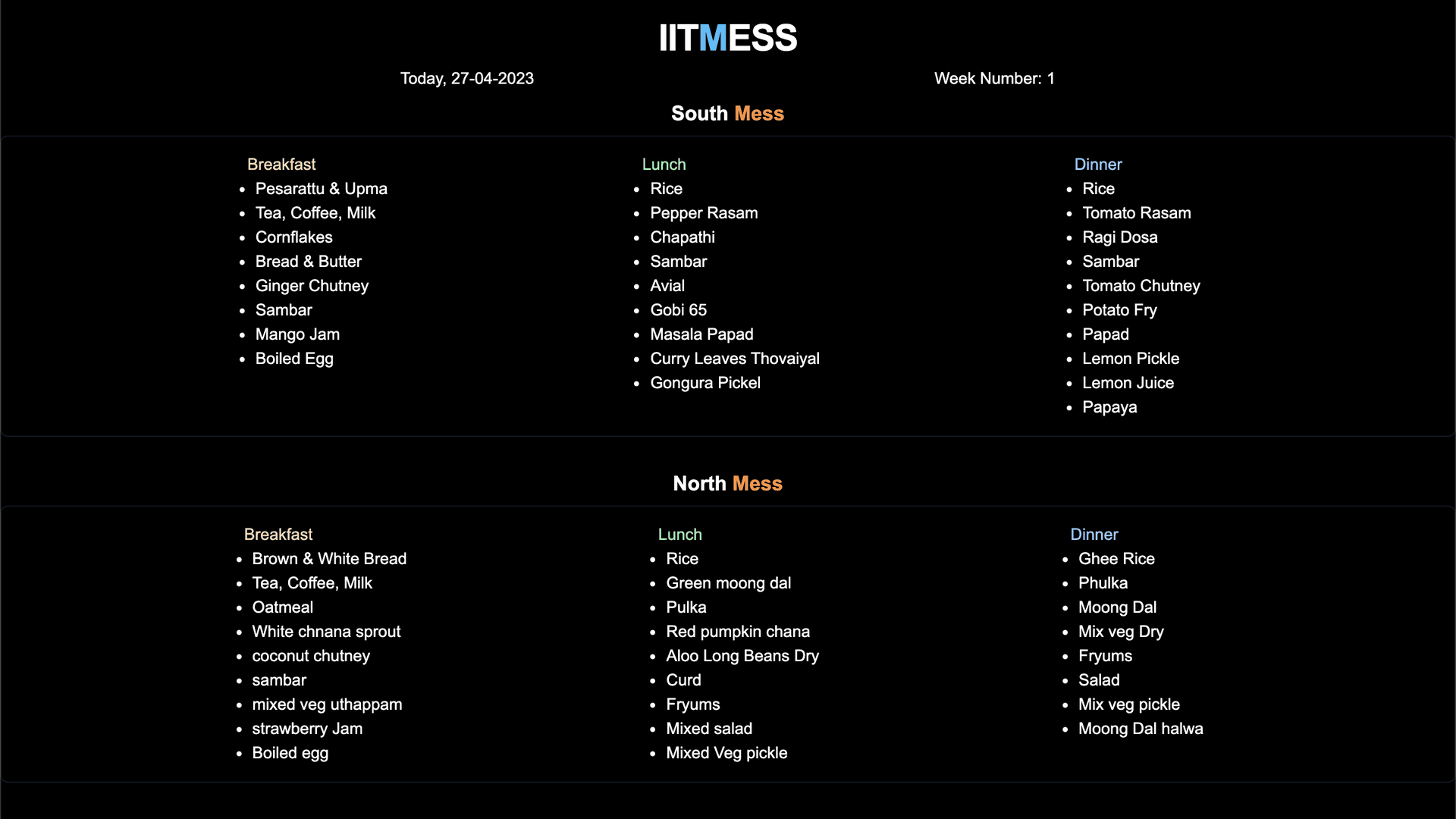 IITM Mess Menu